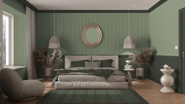 Elegant bedroom in green tones with modern minimalist furniture. Herringbone parquet, double bed with pillows, pendant lamps and mirror. Wallpaper and carpet. Classic interior design