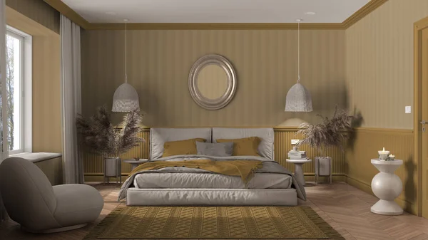 雅致的卧室 黄色色调 现代简约家具 海灵骨节 双人床与枕头 吊灯和镜子 壁纸和地毯 经典室内设计 — 图库照片