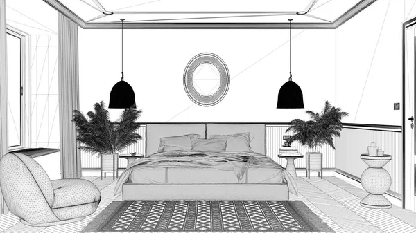 Blueprint Projektskizze Elegantes Schlafzimmer Mit Modernen Minimalistischen Möbeln Parkett Doppelbett — Stockfoto