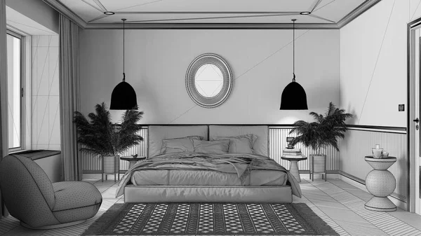 Proyecto Inacabado Dormitorio Elegante Con Muebles Minimalistas Modernos Parquet Cama —  Fotos de Stock