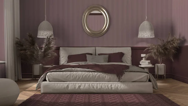 Elegant Bedroom Red Tones Modern Minimalist Furniture Herringbone Parquet Double — Stock Photo, Image