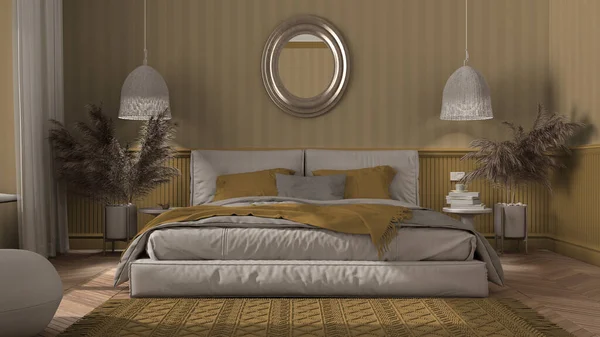 Modern Minimalist Mobilyalarla Sarı Tonlarda Zarif Bir Yatak Odası Herringbone — Stok fotoğraf
