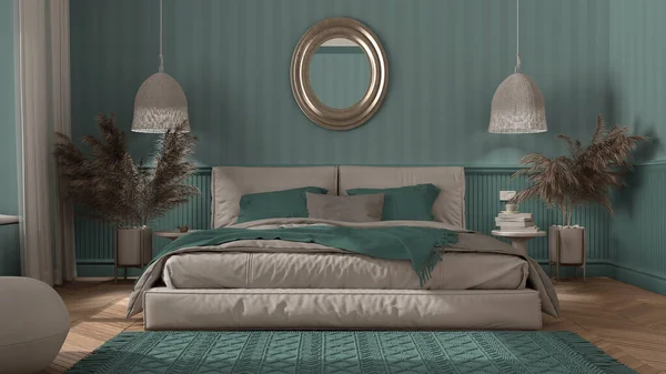 Elegante Dormitorio Tonos Turquesa Con Muebles Minimalistas Modernos Parquet Espiga —  Fotos de Stock