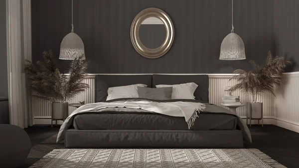 Modern Minimalist Mobilyaları Olan Koyu Renkli Şık Bir Yatak Odası — Stok fotoğraf