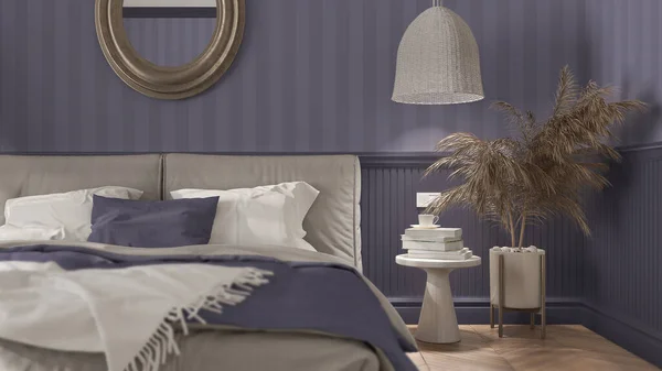 Elegant Bedroom Close Violet Tones Modern Minimalist Furniture Parquet Wallpaper — Stock Photo, Image