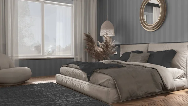 Elegantes Schlafzimmer Grautönen Mit Modernen Minimalistischen Möbeln Fischgrätenparkett Doppelbett Mit — Stockfoto