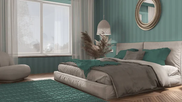 Elegant Bedroom Turquoise Tones Modern Minimalist Furniture Herringbone Parquet Double — Stock Photo, Image