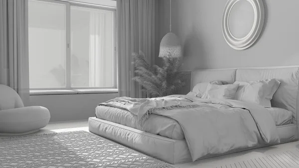 全白色的项目 雅致的卧室与现代简约家具 双人床 吊灯和镜子 壁纸和地毯 经典室内设计 — 图库照片