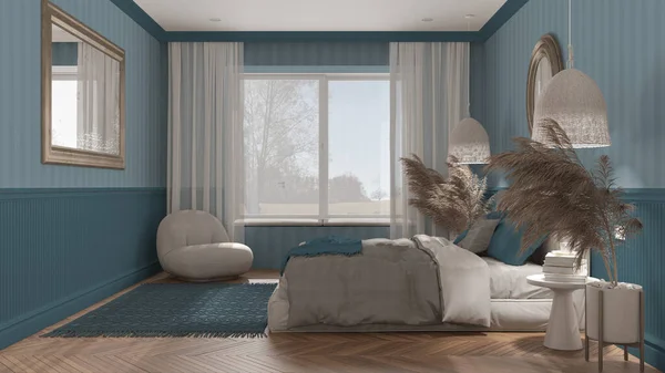 Elegáns Hálószoba Kék Tónusú Modern Minimalista Bútorokkal Nagy Ablak Parketta — Stock Fotó