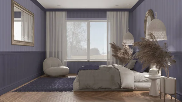 Elegant Bedroom Purple Tones Modern Minimalist Furniture Big Window Parquet — Stock Photo, Image