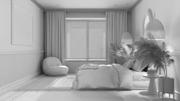 Totales Weißes Projekt Elegantes Schlafzimmer Mit Modernen Minimalistischen Möbeln Parkett — Stockfoto