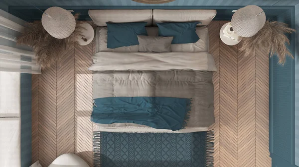 Елегантна Спальня Синіх Тонах Сучасними Мінімалістичними Меблями Ялинковий Паркет Ліжко — стокове фото
