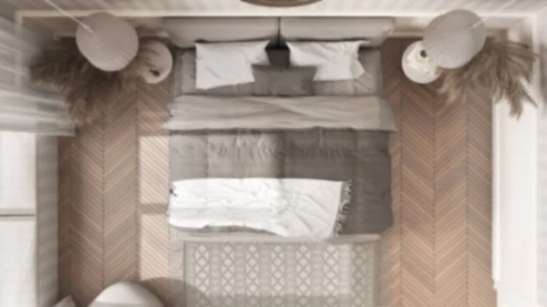 Θολή Φόντο Κομψό Υπνοδωμάτιο Μοντέρνα Μινιμαλιστικά Έπιπλα Παρκέ Διπλό Κρεβάτι — Φωτογραφία Αρχείου