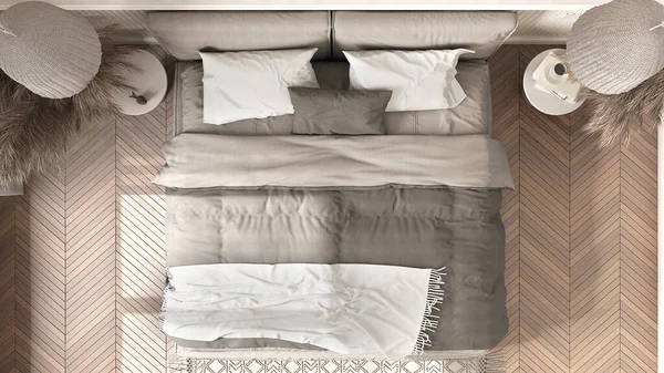 Elegante Dormitorio Con Muebles Minimalistas Modernos Parquet Espiga Cama Doble —  Fotos de Stock