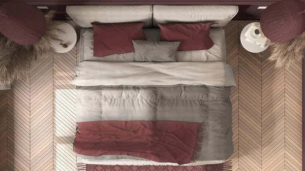 Κομψό Υπνοδωμάτιο Κόκκινους Τόνους Μοντέρνα Μινιμαλιστικά Έπιπλα Παστέλι Παρκέ Κρεβάτι — Φωτογραφία Αρχείου