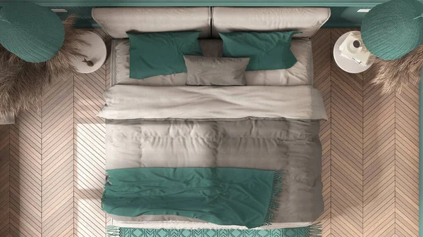 Элегантная Спальня Бирюзовых Тонах Современной Минималистской Мебелью Паркет Кровать Подушками — стоковое фото