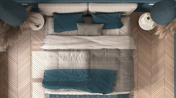 Элегантная Спальня Синих Тонах Современной Минималистской Мебелью Паркет Сельди Кровать — стоковое фото