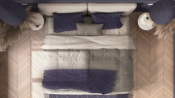 Modern Minimalist Mobilyalarla Mor Tonlarda Şık Bir Yatak Odası Parke — Stok fotoğraf