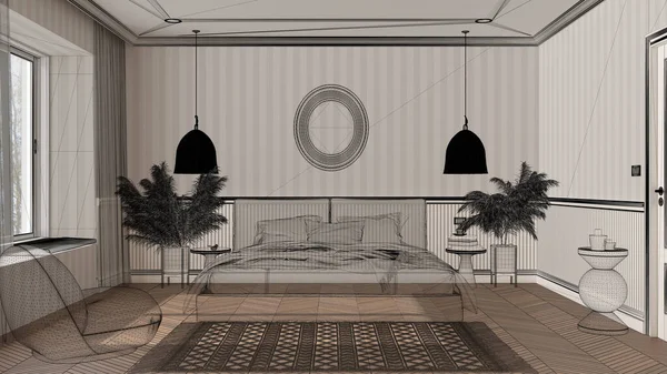 空旷的室内装饰 带有条纹墙纸和鲱鱼花束地板 定制建筑设计项目 黑色墨水草图 展示古典居室的蓝图 建筑理念 — 图库照片