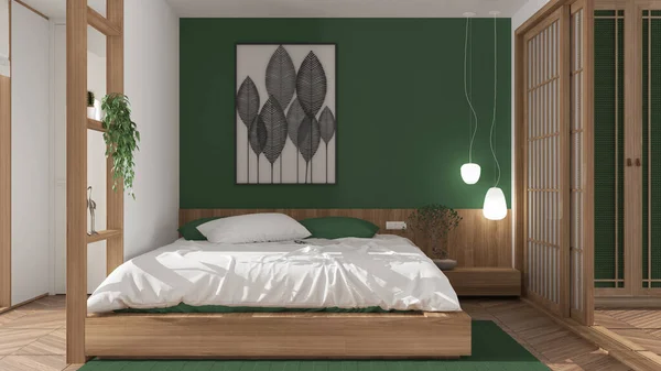 Minimalistische Slaapkamer Japanse Stijl Witte Groene Tinten Parketvloer Dubbel Houten — Stockfoto