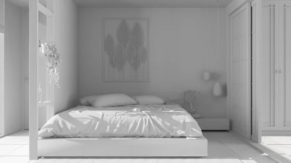 全白色工程 日本风格的简约卧房 带枕头的双人床 滑动门 地毯和装饰 现代室内设计 — 图库照片