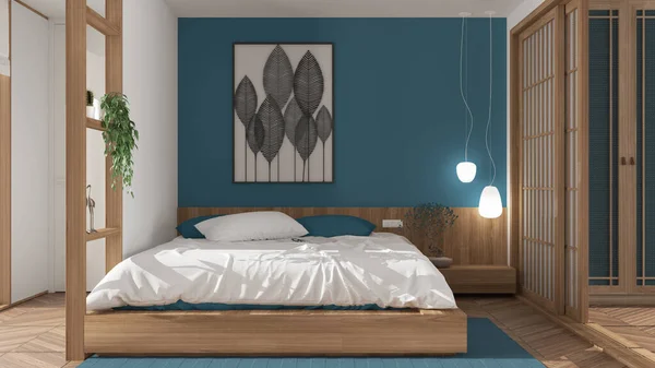 日本风格的简约卧房 蓝白相间 带枕头的双人床 滑动门 地毯和装饰 现代室内设计 — 图库照片