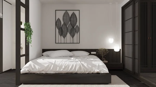 Minimalistisches Schlafzimmer Japanischen Stil Weißen Und Dunklen Tönen Parkettboden Doppeltes — Stockfoto