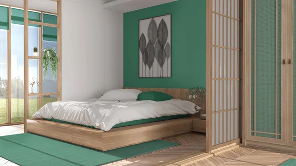 Dormitorio Minimalista Estilo Japonés Tonos Blancos Turquesa Suelo Parquet Cama —  Fotos de Stock