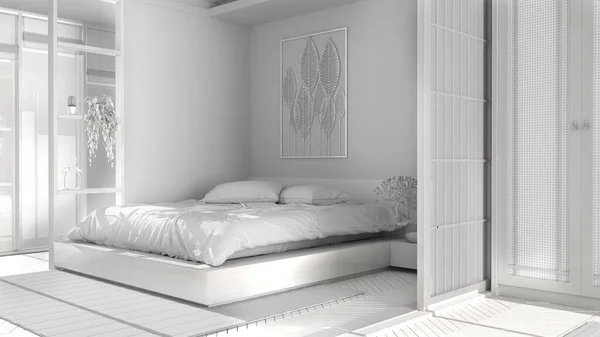 トータルホワイトプロジェクト 日本スタイルのミニマリストベッドルーム 寄木細工の床 枕付きのダブル木製ベッド スライドドア 柔らかい羽毛布団 カーペットや装飾品 モダンなインテリアデザイン — ストック写真