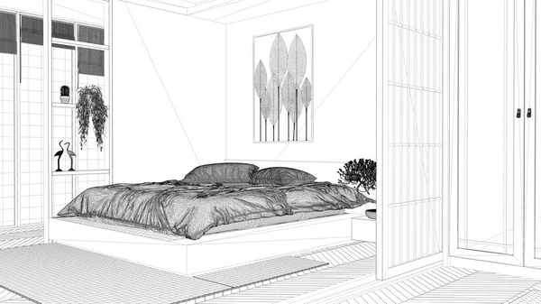 Proje Taslağı Japon Tarzı Minimalist Yatak Odası Parke Zemin Yastıklı — Stok fotoğraf