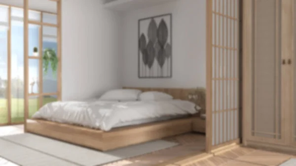 Unscharfer Hintergrund Minimalistisches Schlafzimmer Japanischen Stil Parkettboden Doppeltes Holzbett Mit — Stockfoto