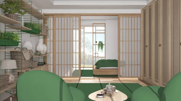 简约的客厅 日本风格 白色和绿色色调 扶手椅 背景卧室 滑动门和全景窗 现代室内设计 — 图库照片