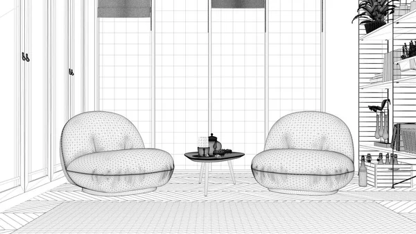 Дизайн Проекту Мінімалістична Вітальня Японському Стилі Крісло Килим Паркет Час — стокове фото