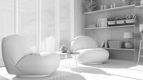 Całkowity Biały Projekt Projektu Minimalistyczny Salon Stylu Japońskim Fotel Dywan — Zdjęcie stockowe