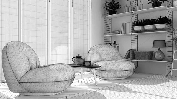 완성되지 프로젝트 일본식으로 응접실 찻주전자 커다란 현대식 인테리어 디자인 — 스톡 사진