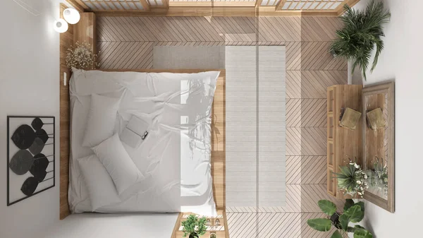 Minimalistiskt Sovrum Japansk Stil Vita Toner Parkettgolv Dubbelsäng Med Kuddar — Stockfoto