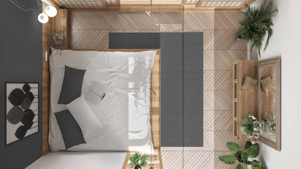 Minimalistiskt Sovrum Japansk Stil Vita Och Grå Toner Parkett Dubbelsäng — Stockfoto