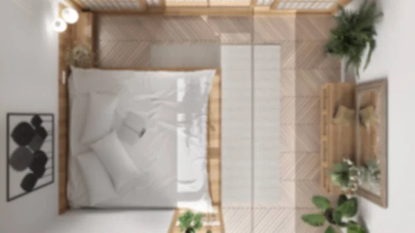 背景模糊 有日本风格的简约卧房 宴会厅 双人床 滑动门 地毯和装饰 现代室内设计 顶视图 平面图 — 图库照片