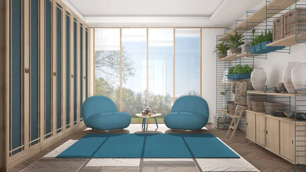 Minimalistisches Wohnzimmer Japanischen Stil Weiß Und Blautönen Sessel Teppich Und — Stockfoto