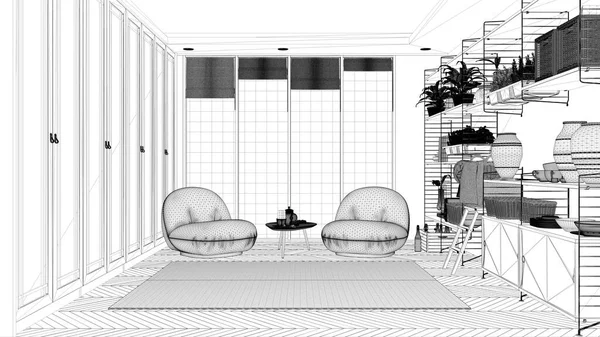 Projet Projet Blueprint Salon Minimaliste Dans Style Japonais Fauteuil Tapis — Photo