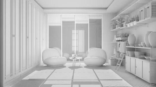 Загальний Білий Проект Мінімалістична Вітальня Японському Стилі Крісло Килим Паркет — стокове фото