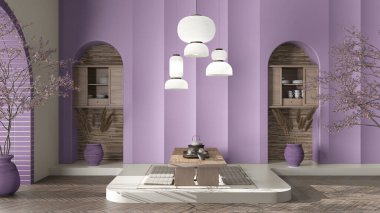 Zen doğudaki yemek odasında, masada, dolaplarda, çay seremonisinde bej ve liyak döküm beton duvarlar var. Kopyalama alanı olan rahat bir arkaplan. Rahatla, iç tasarım fikri.