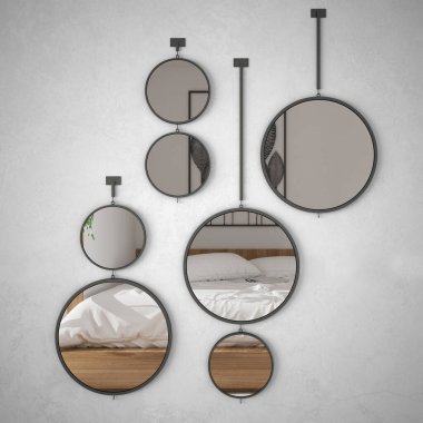 Yuvarlak aynalar iç tasarım sahnesi yansıtan duvara asılı, minimalist İskandinav yatak odası, modern mimari konsept fikir
