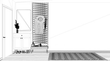 Proje taslağı, modern İskandinav lobisi, minimalist salon, içi boş dolap, ayna, bank, elbise askısı, ayakkabı, şemsiye. Uzayın iç tasarımını kopyala