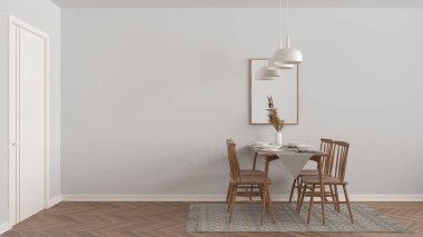 Masa seti ve klasik İskandinav sandalyeli modern beyaz ve ahşap yemek odası halı, kapı, ayna ve kolye lambalı boş bir yer. Boşluğu kopyala, iç tasarım fikri