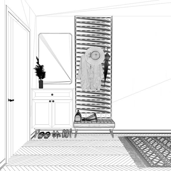 Blueprint Project Draft Modern Scandinavian Lobby Minimalist Hall Empty Space — Stock Photo, Image