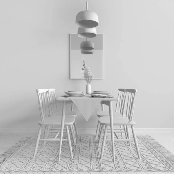 全白色的项目草案 现代餐厅与餐桌套装和老式丑闻的椅子 空的空间与地毯 镜子和吊灯 复制空间 室内设计理念 — 图库照片