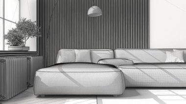 Tamamlanmamış proje taslağı, klasik dairede modern oturma odası, yakın plan, parke döşeme, yastıklı rahat kanepe, yer lambası, halı, bitkiler, iç tasarım fikri