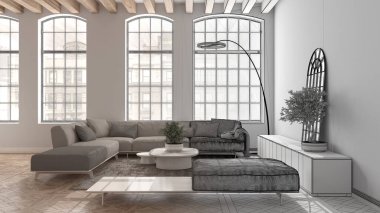 Mimar iç mimar konsepti: elle çizilmiş, tamamlanmamış, gerçek hale gelen, büyük pencereli oturma odası projesi. Klasik parke, ahşap çatı kirişleri, iç tasarım fikri.