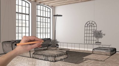 Parke ve ahşap çatı kirişleri, el çizimi özel mimari tasarımı, siyah mürekkep çizimi, modern oturma odasını, konsepti, tasarımı, fikri gösteren plan, boş beyaz iç mekan.